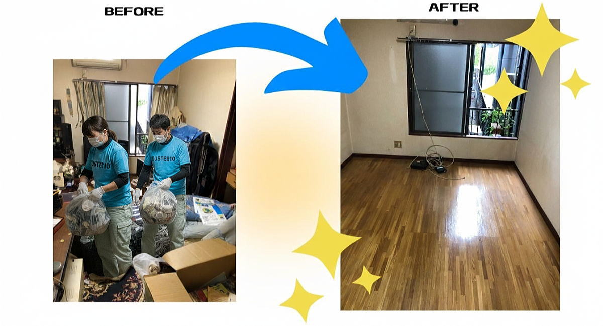 １Ｒの汚部屋清掃で作業する２名のスタッフ達と作業後のアフター写真