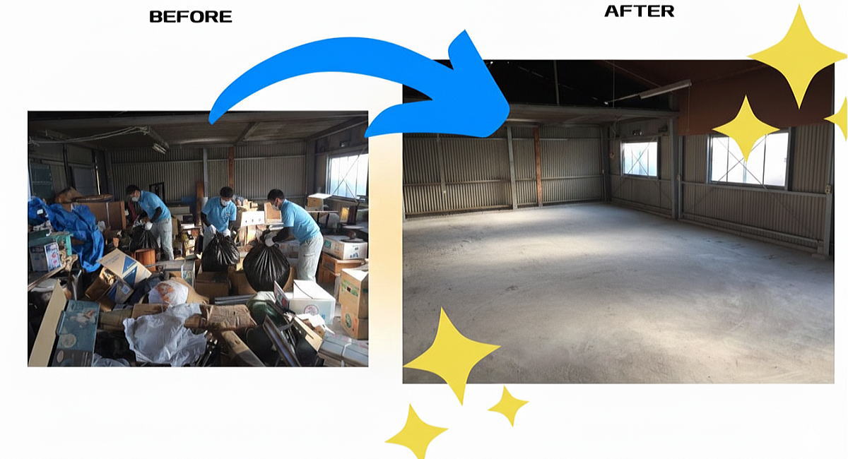 大型倉庫の不用品回収作業をする作業員スタッフ４人と作業後のアフター写真
